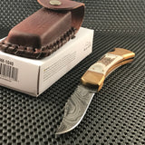 Damascus Folding Stag Handle Pocket Knife w/ Filework