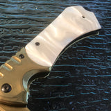 9" Spring Assisted Tactical Gold with Pearl Handle Outdoor Folding Pocket Knife Razor