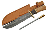14.5" Olive Wood Damascus Hunting Knife W/ Knife Sharpener - Frontier Blades
